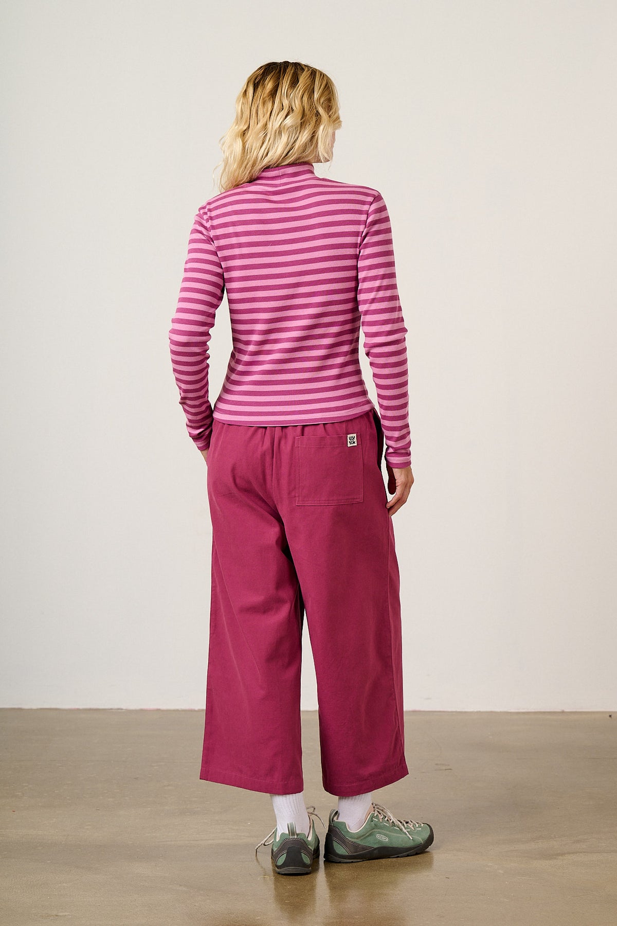 Tia - Long Sleeve Funnel Neck Top Cotton in Beetroot Stripe