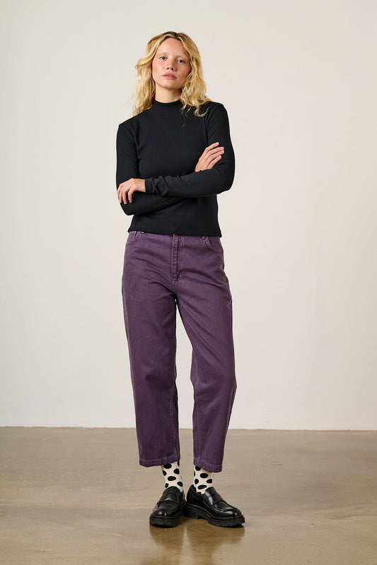 Tia - Long Sleeve Funnel Neck Top Cotton in Black