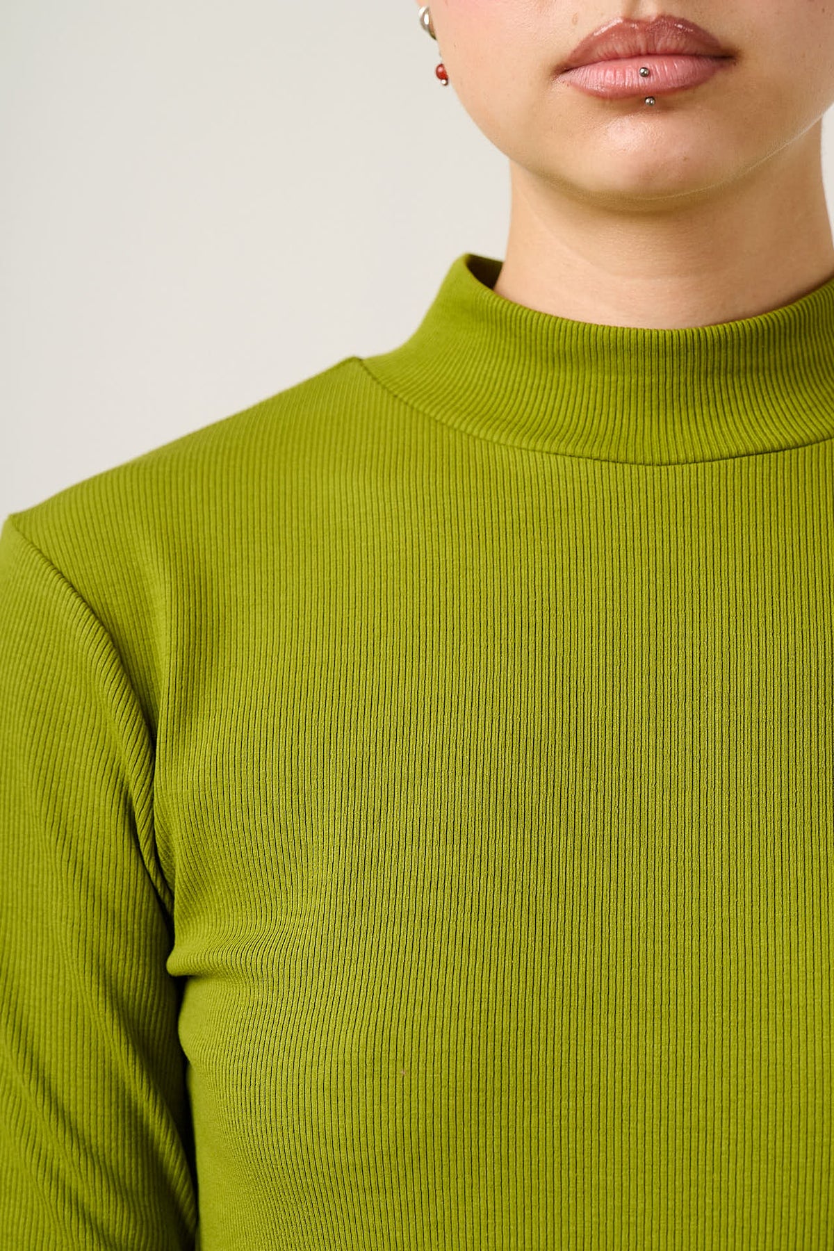 Tia - Long Sleeve Funnel Neck Top Cotton in Cypress Green