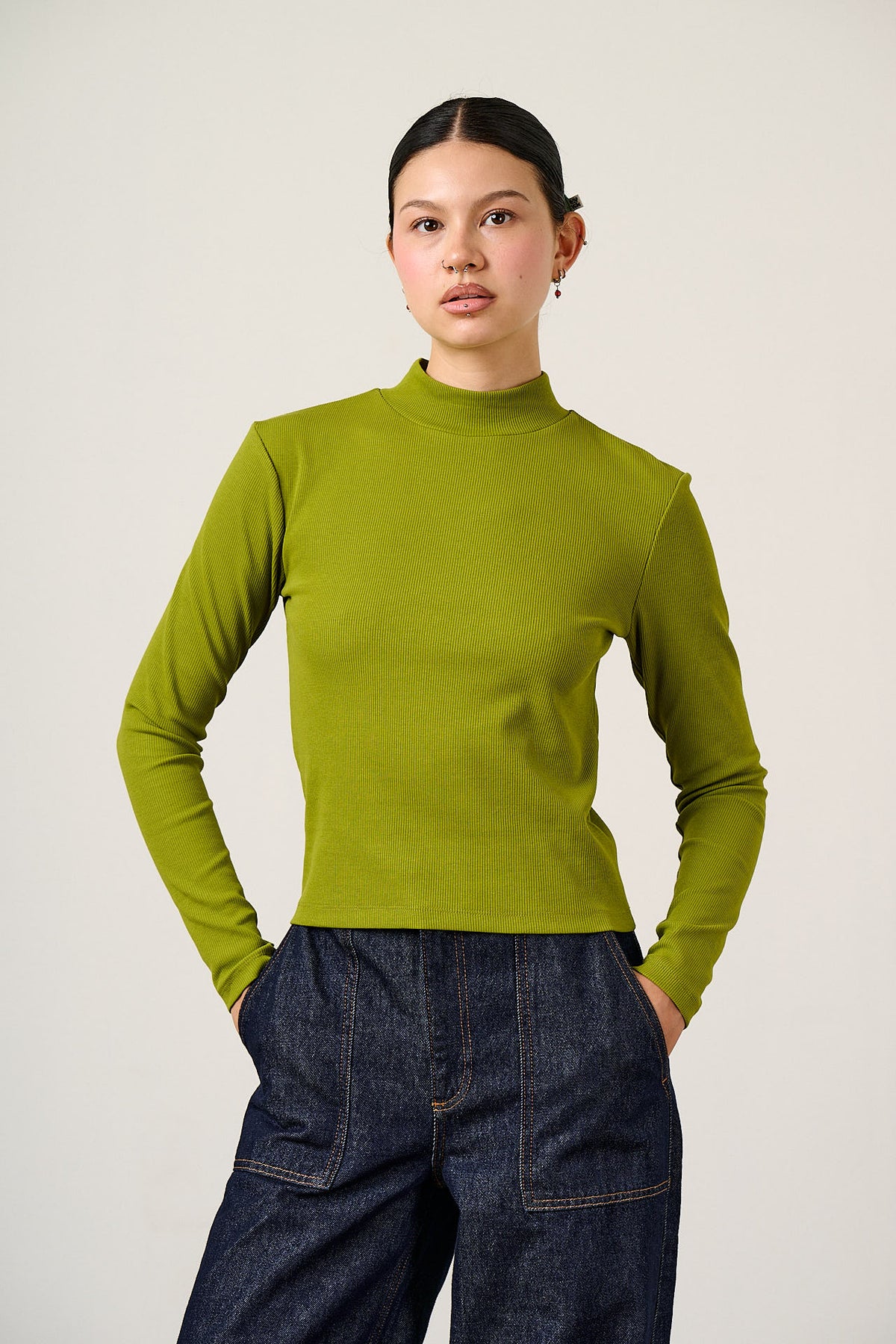 Tia - Long Sleeve Funnel Neck Top Cotton in Cypress Green
