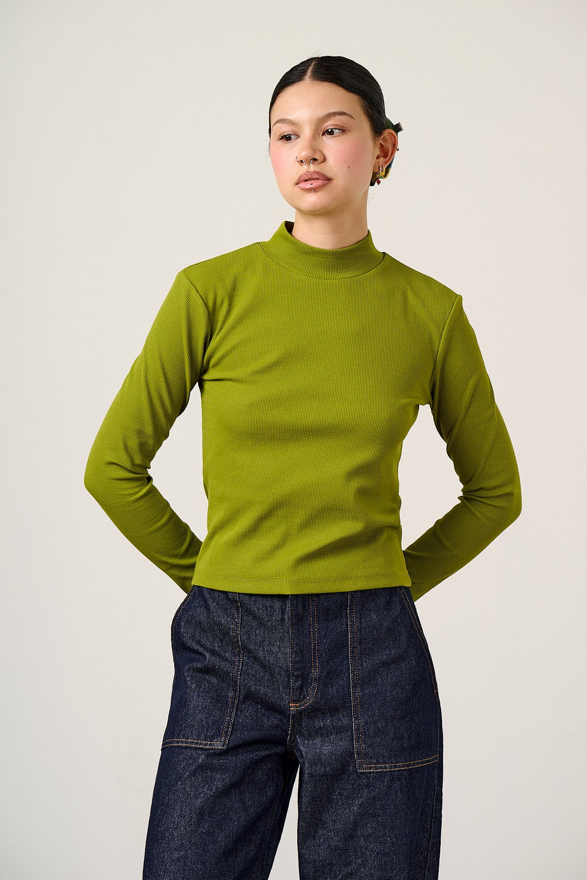 Tia - Long Sleeve Funnel Neck Top Cotton in Cypress Green