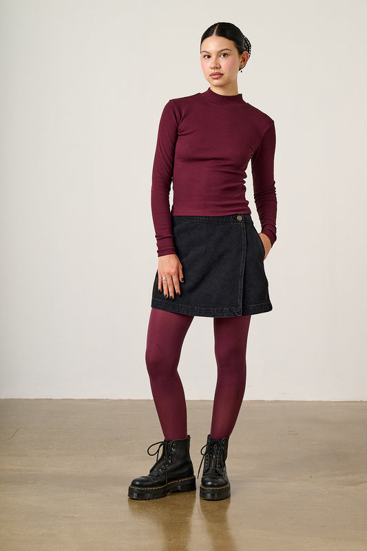 Tia - Long Sleeve Funnel Neck Top Cotton in Port