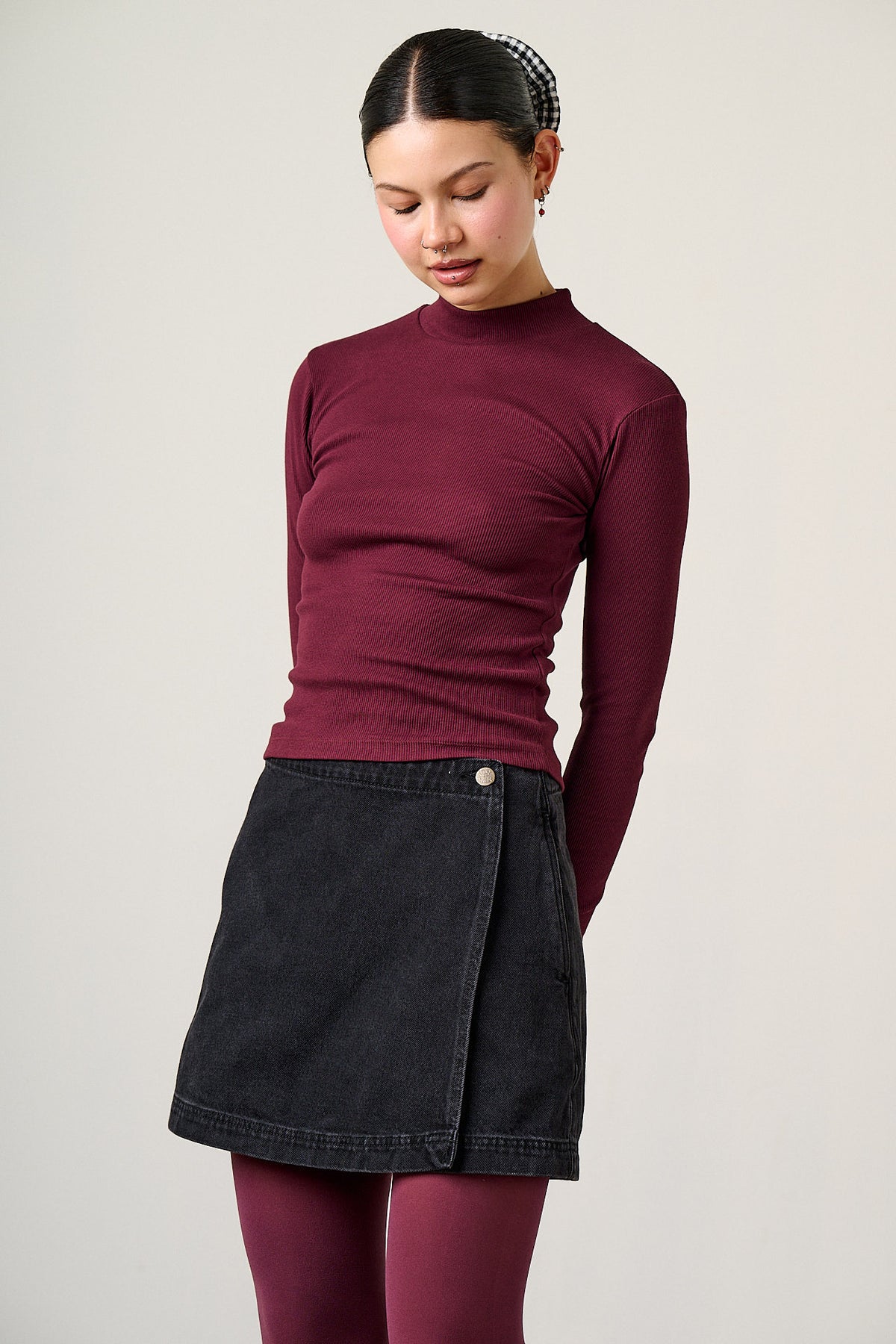 Tia - Long Sleeve Funnel Neck Top Cotton in Port