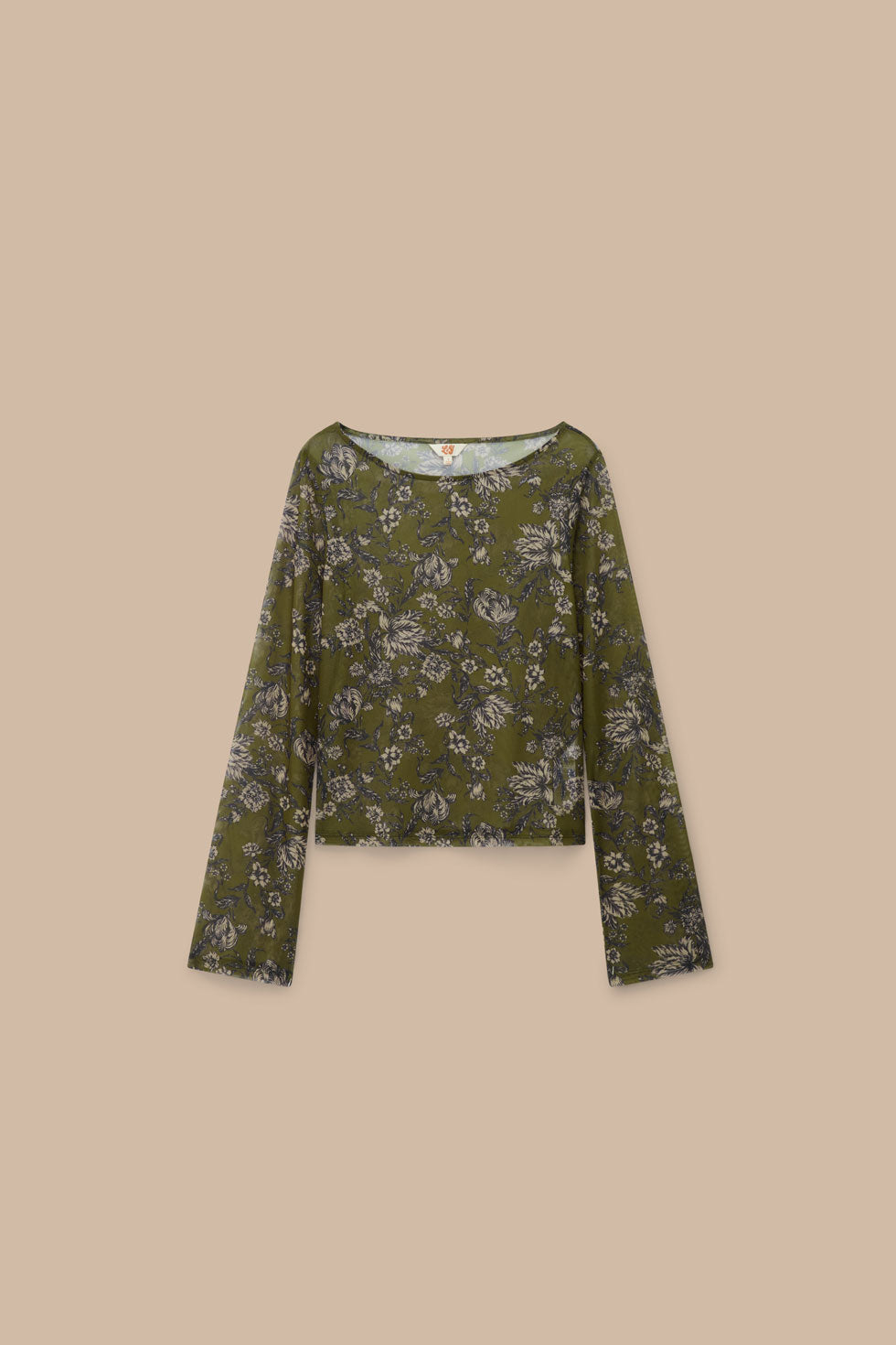 Zoe - Long Sleeve Slash Neck Top Recycled Polyester Mesh in Green Floral