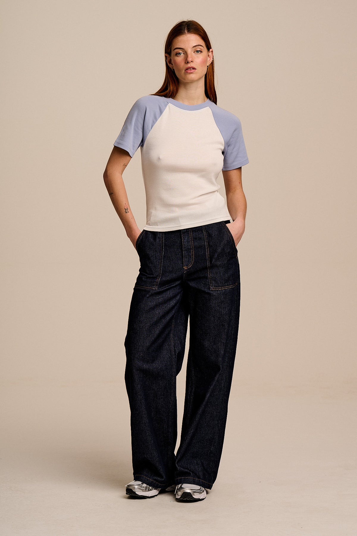 Azra - Short Sleeve Raglan Top Organic Cotton Blend in White & Blue