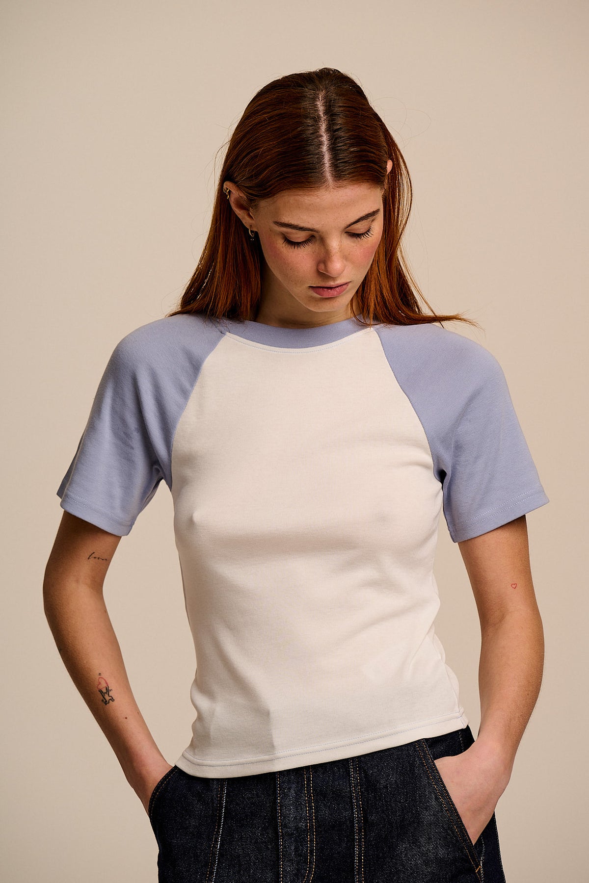 Azra - Short Sleeve Raglan Top Organic Cotton Blend in White & Blue