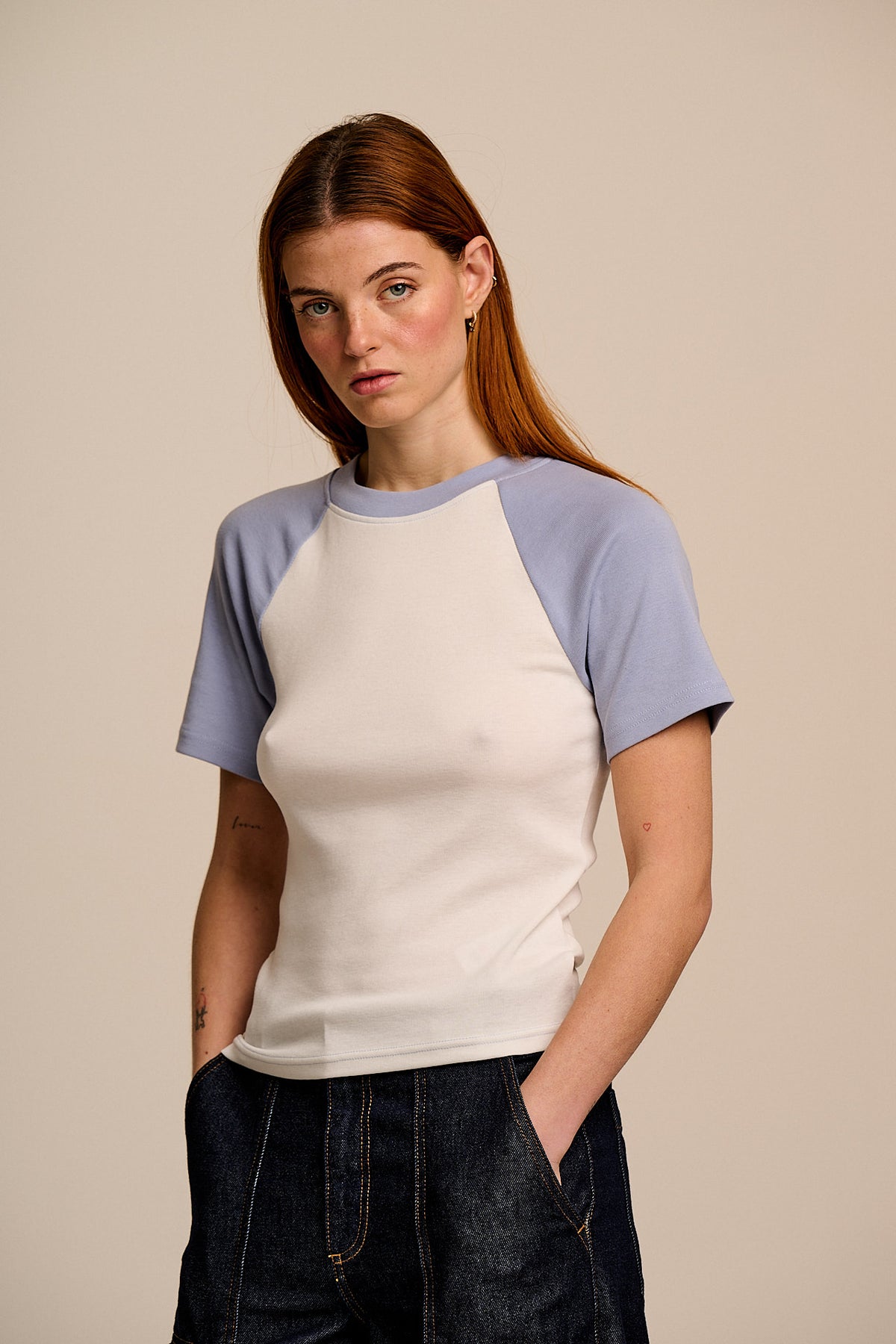 Azra - Short Sleeve Raglan Top Organic Cotton Blend in White & Blue