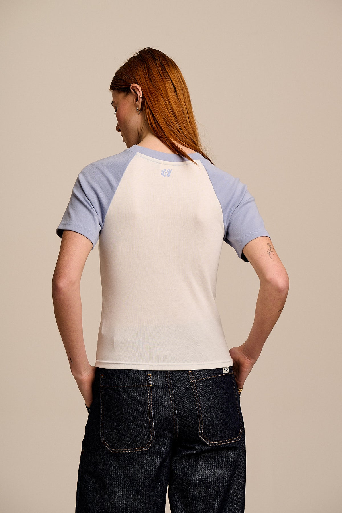 Azra - Short Sleeve Raglan Top Organic Cotton Blend in White & Blue