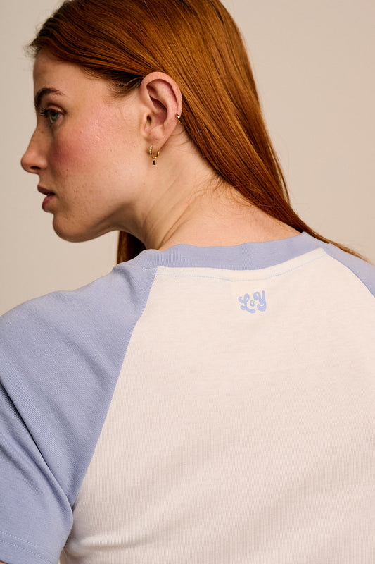 Azra - Short Sleeve Raglan Top Organic Cotton Blend in White & Blue