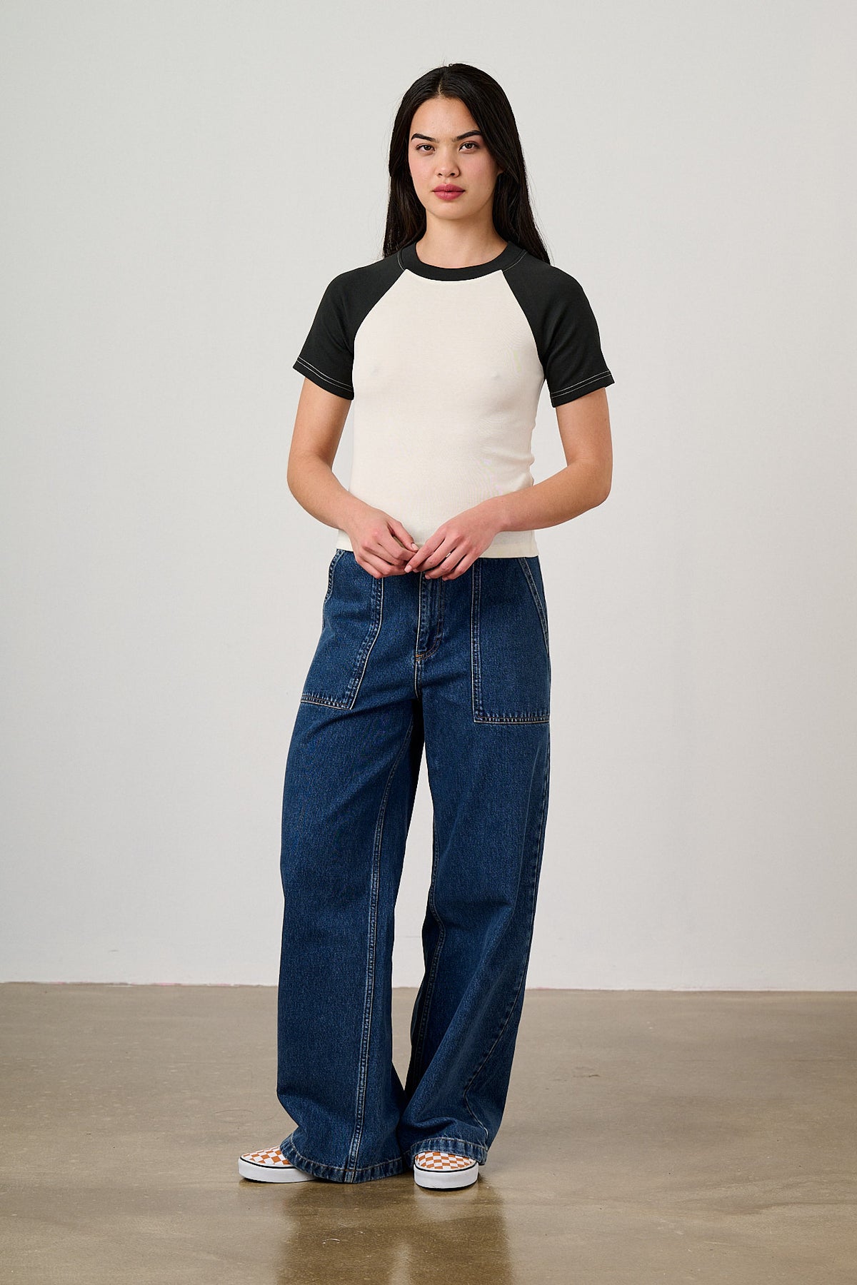 Azra - Short Sleeve Raglan Top Organic Cotton Blend in Black & Ecru