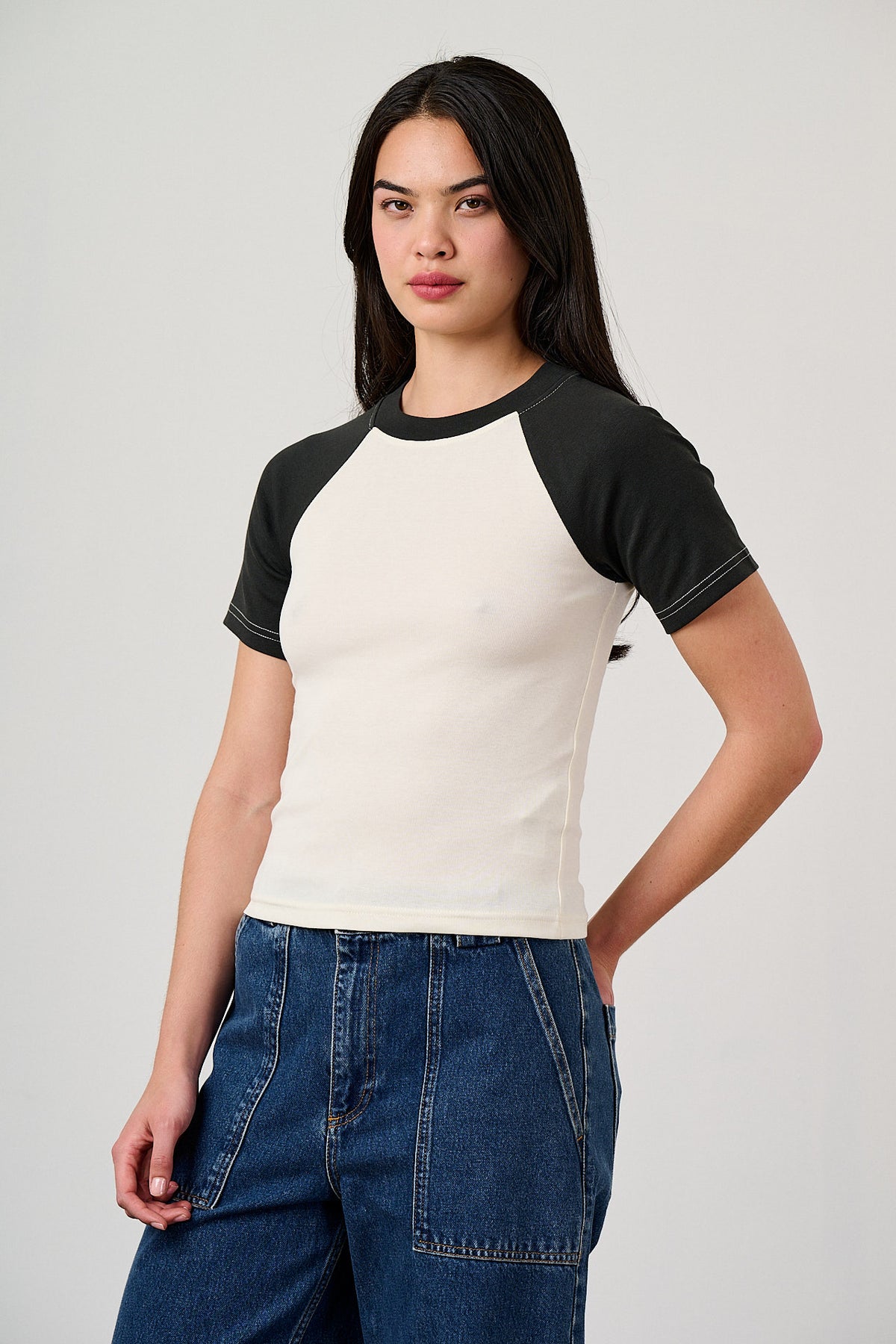 Azra - Short Sleeve Raglan Top Organic Cotton Blend in Black & Ecru