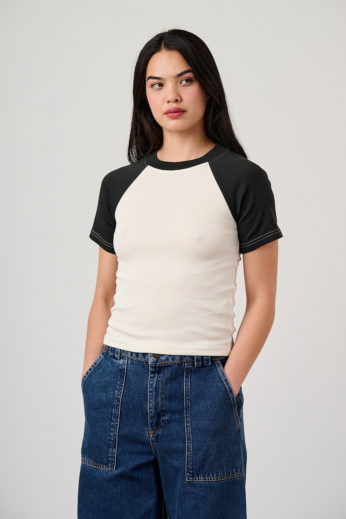 Azra - Short Sleeve Raglan Top Organic Cotton Blend in Black & Ecru