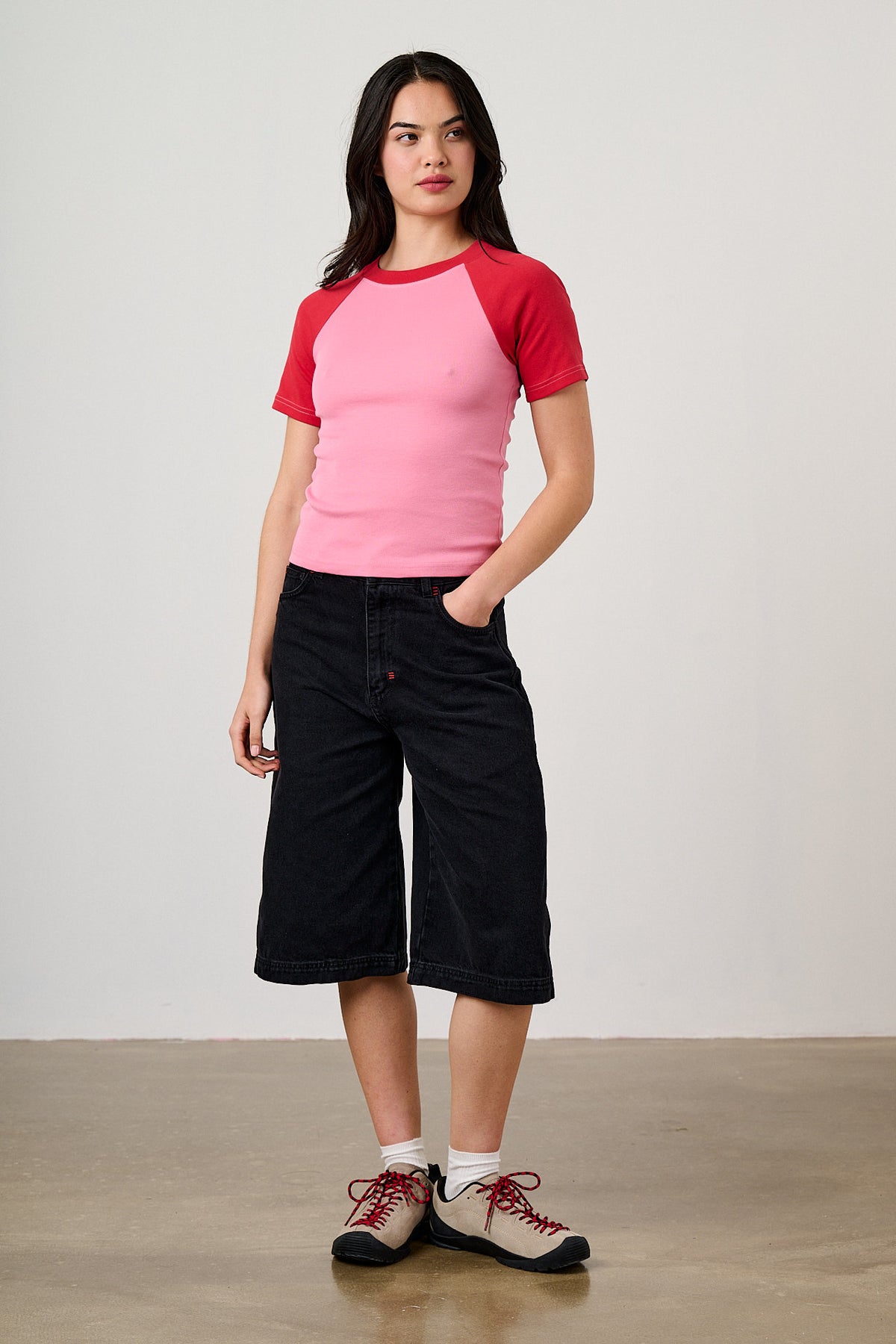 Azra - Short Sleeve Raglan Top Organic Cotton Blend in Red & Pink