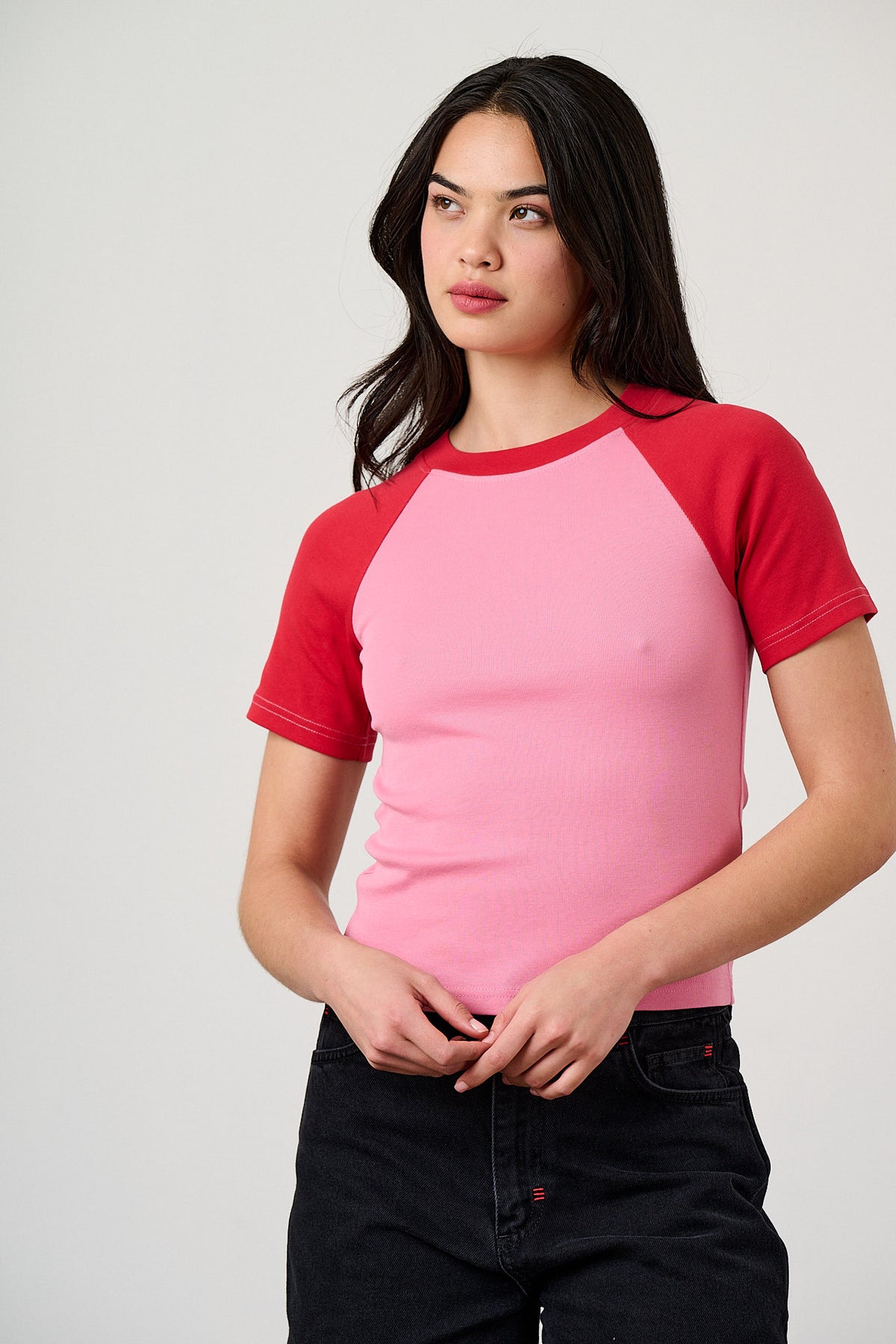 Azra - Short Sleeve Raglan Top Organic Cotton Blend in Red & Pink