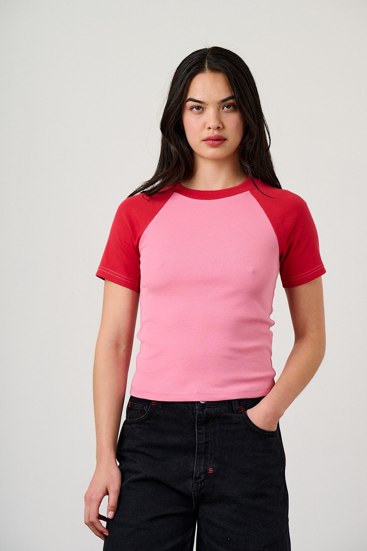 Azra - Short Sleeve Raglan Top Organic Cotton Blend in Red & Pink