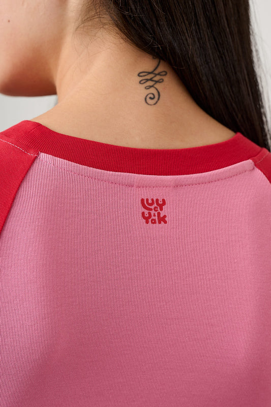 Azra - Short Sleeve Raglan Top Organic Cotton Blend in Red & Pink
