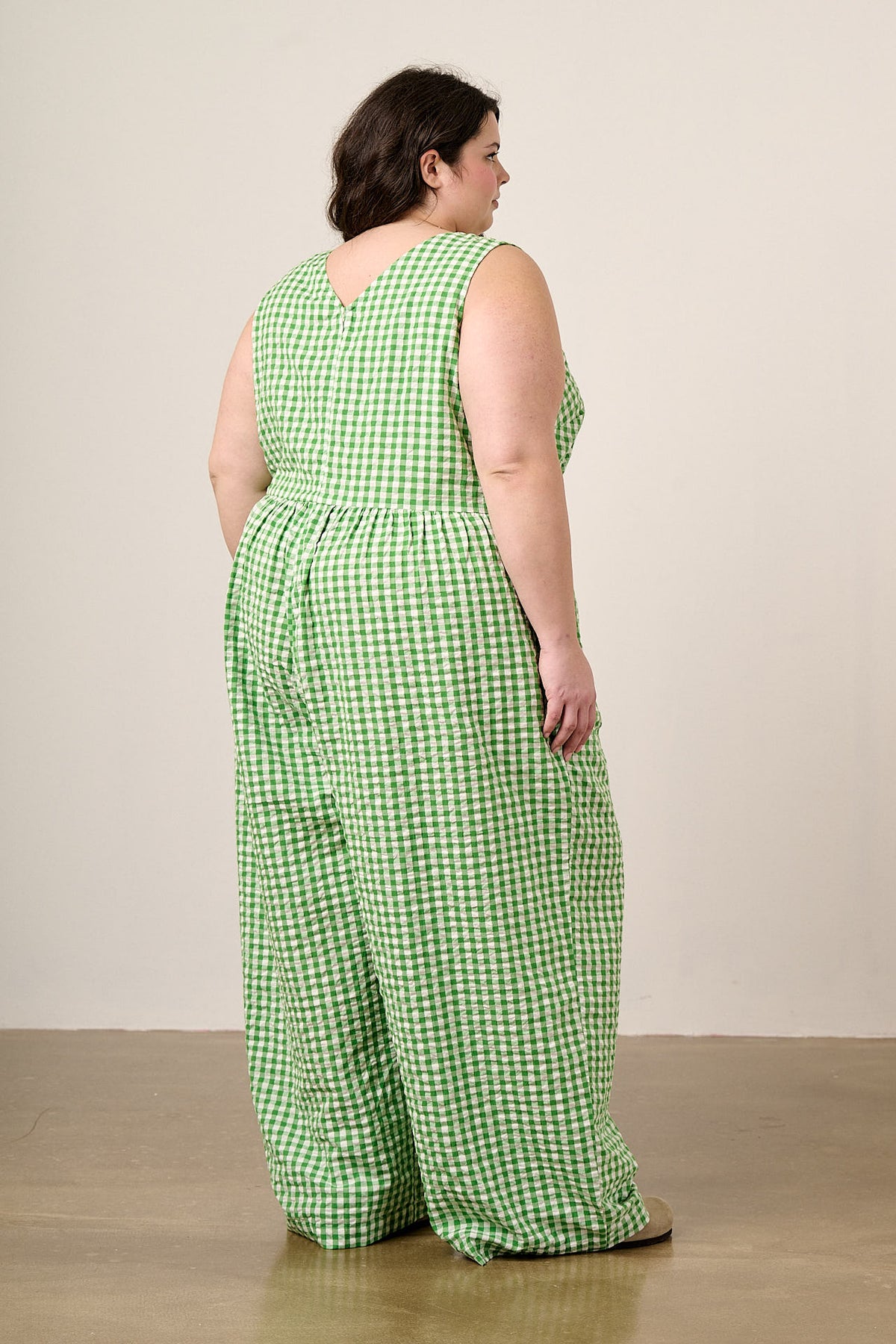 Bellamy - Wide Leg Jumpsuit Organic Cotton Seersucker in Green Gingham