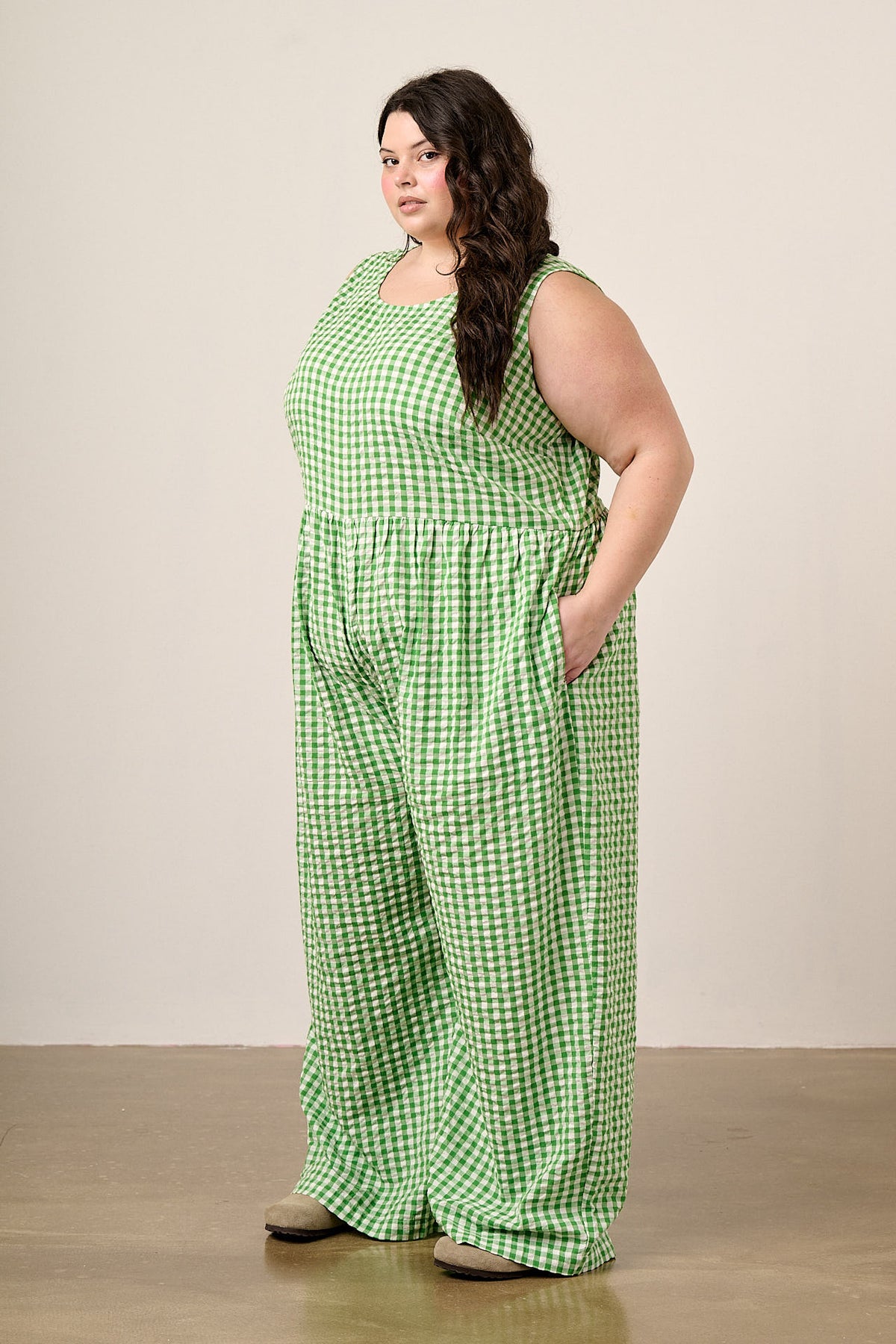 Bellamy - Wide Leg Jumpsuit Organic Cotton Seersucker in Green Gingham