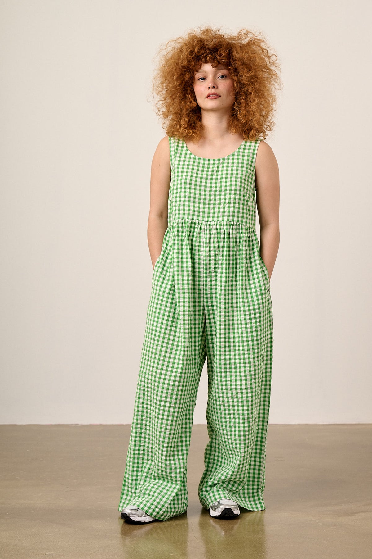 Bellamy - Wide Leg Jumpsuit Organic Cotton Seersucker in Green Gingham