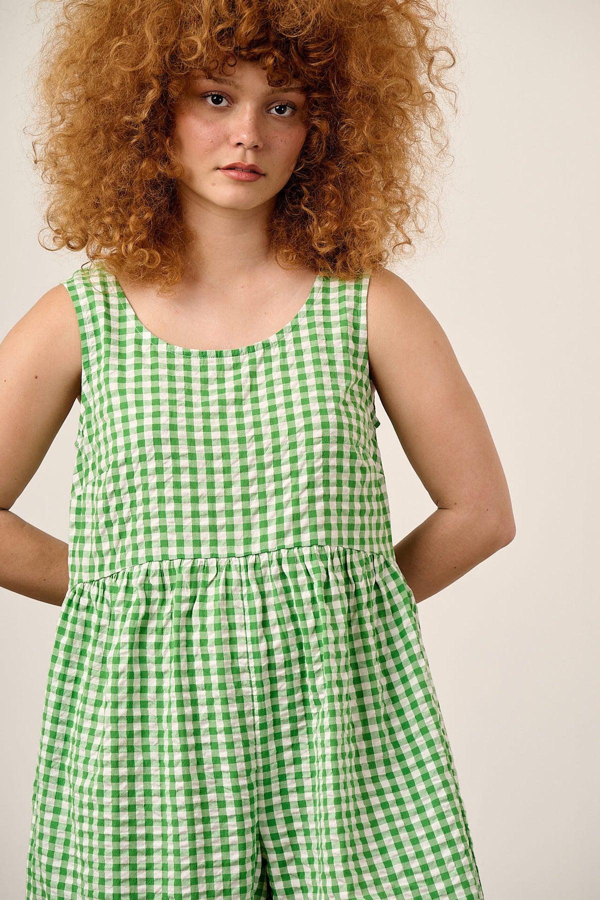 Bellamy - Wide Leg Jumpsuit Organic Cotton Seersucker in Green Gingham