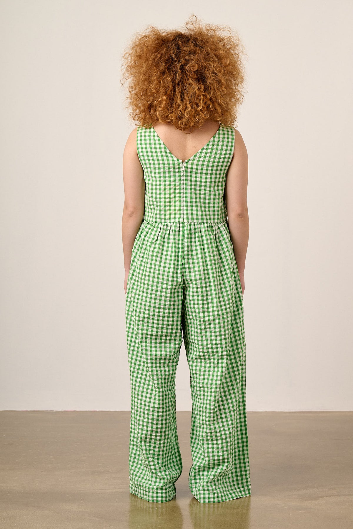 Bellamy - Wide Leg Jumpsuit Organic Cotton Seersucker in Green Gingham