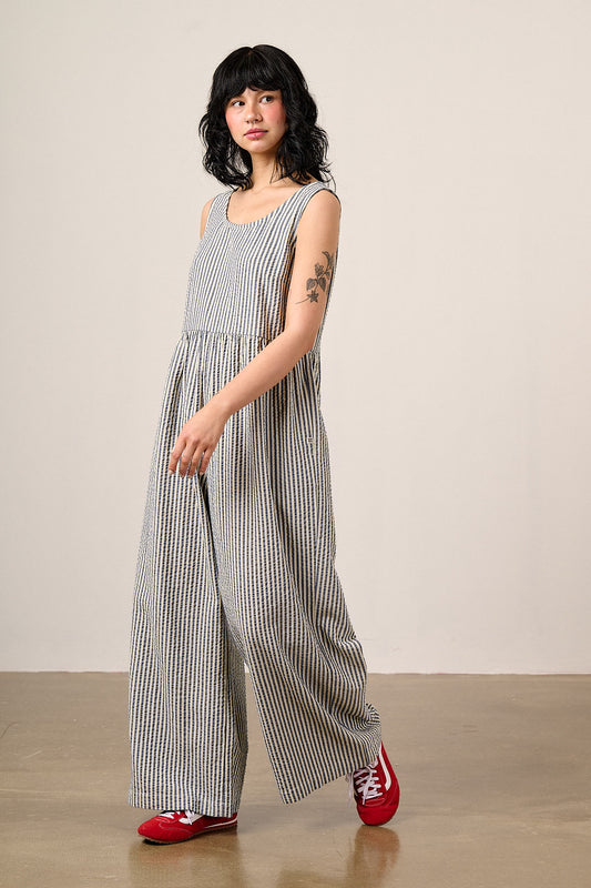 Bellamy - Wide Leg Jumpsuit Organic Cotton Seersucker in Blue & White Stripe
