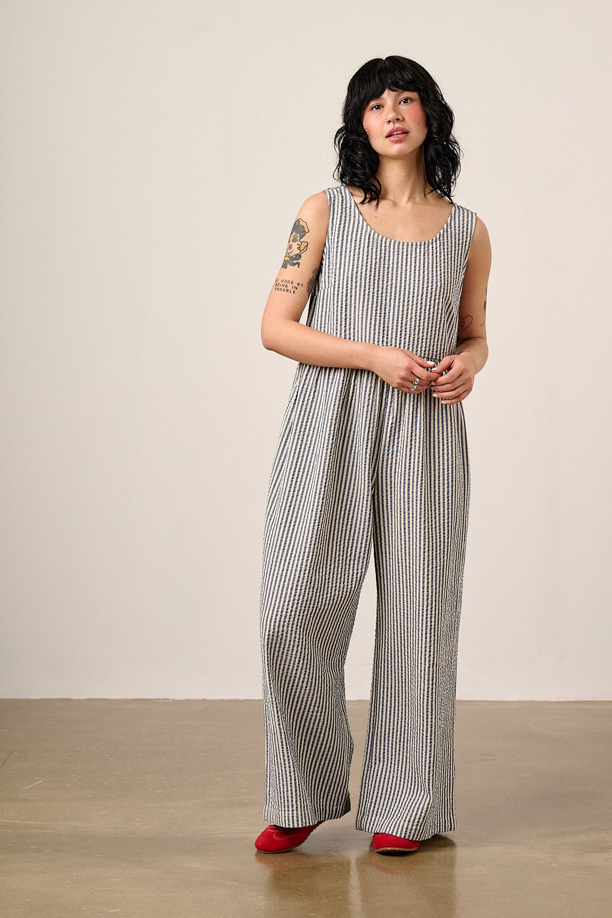 Bellamy - Wide Leg Jumpsuit Organic Cotton Seersucker in Blue & White Stripe