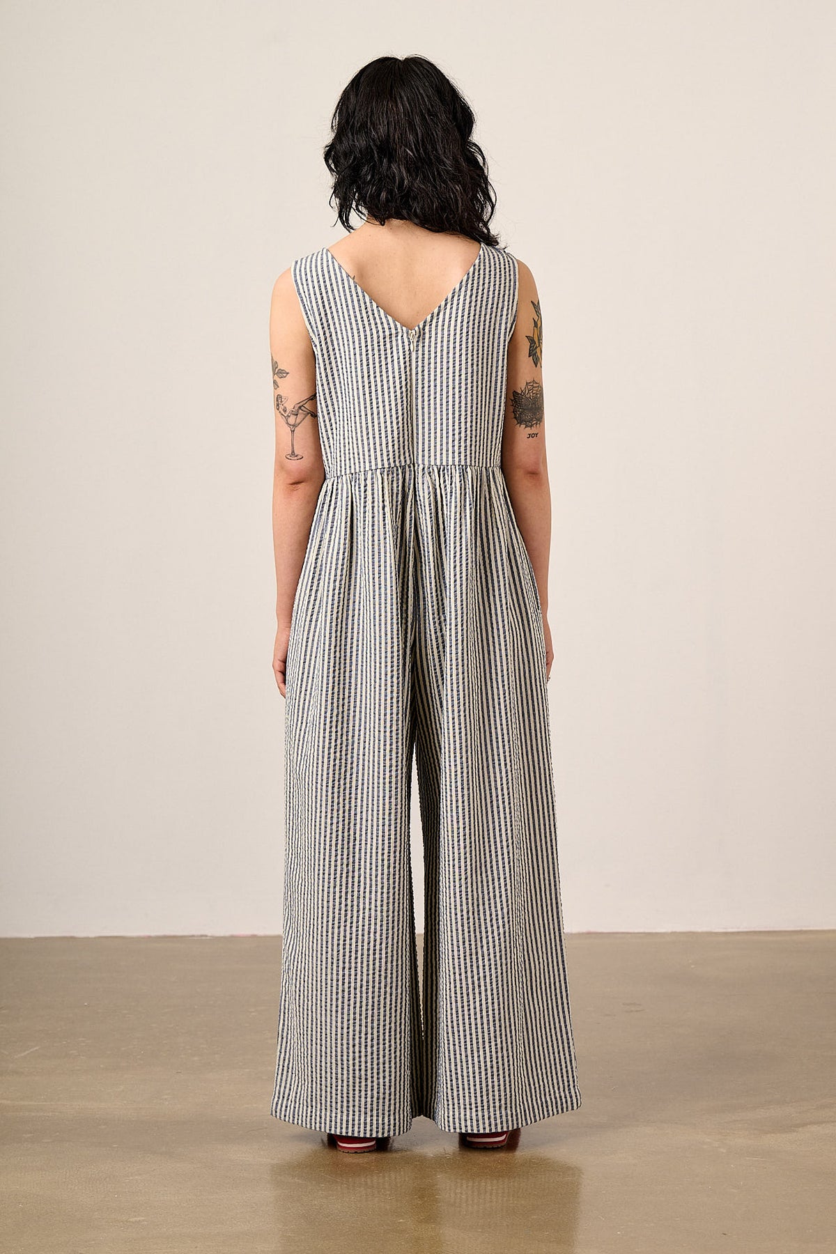 Bellamy - Wide Leg Jumpsuit Organic Cotton Seersucker in Blue & White Stripe