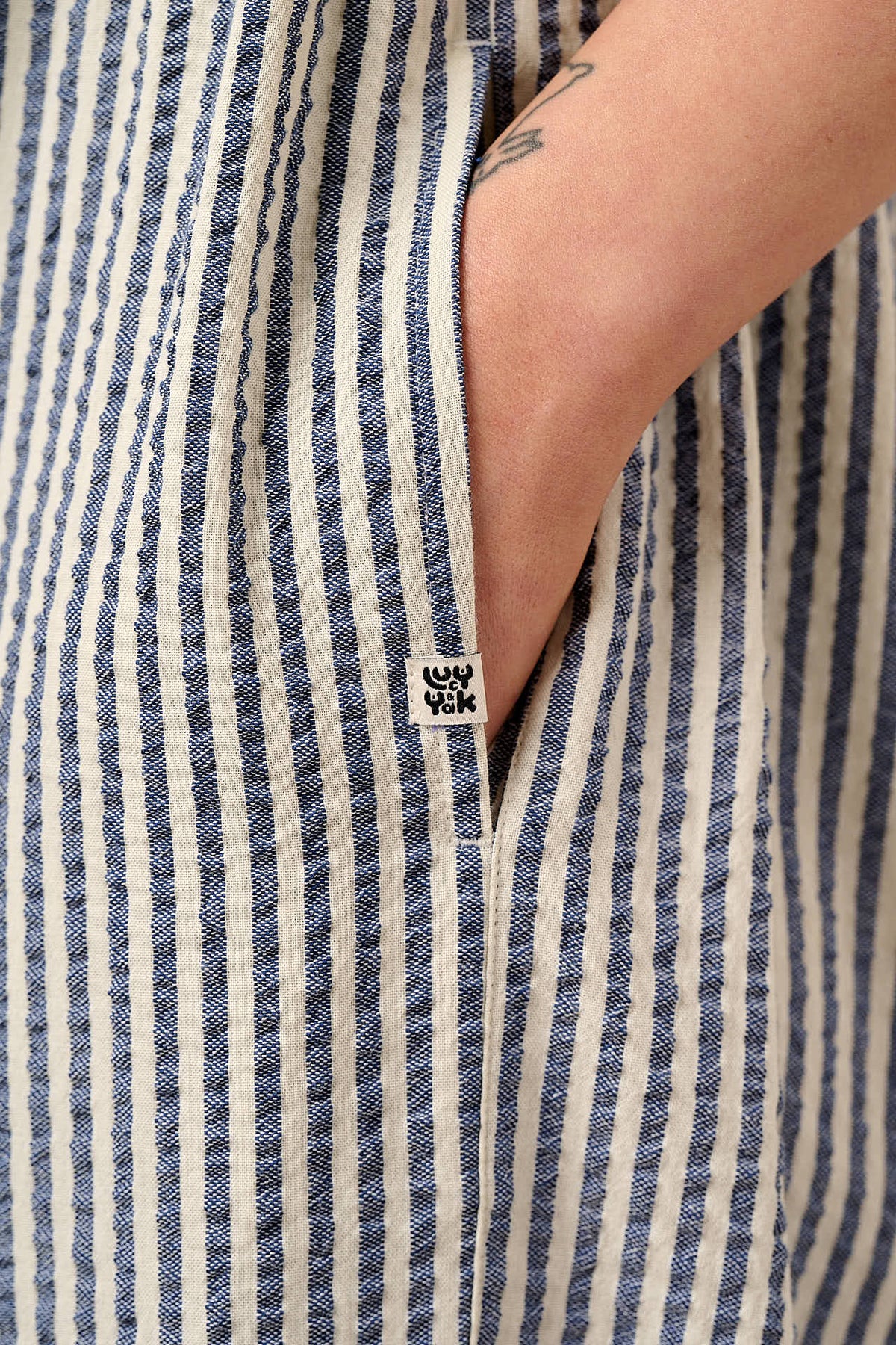 Bellamy - Wide Leg Jumpsuit Organic Cotton Seersucker in Blue & White Stripe