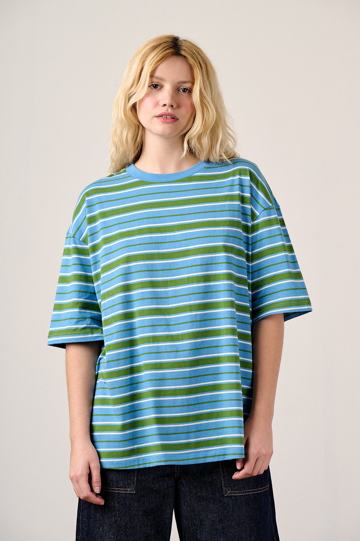 Benny - Oversized Cotton T-Shirt in Green & Blue Stripe