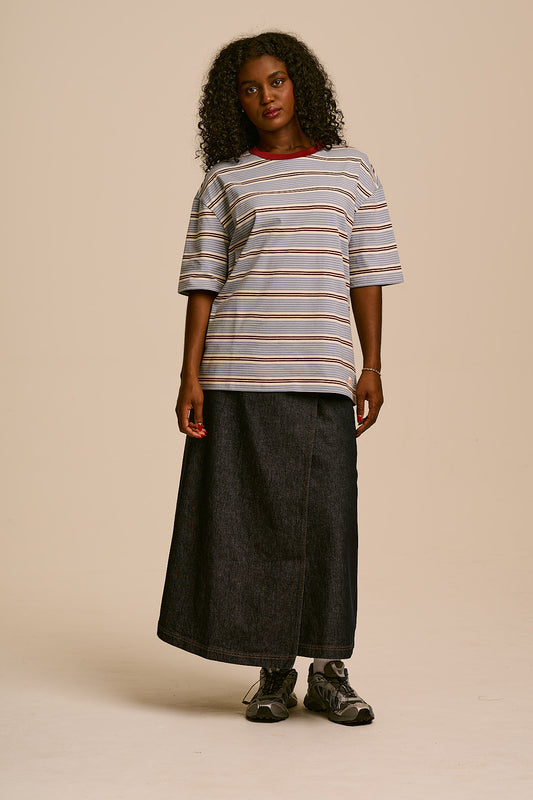 Benny - Oversized T-Shirt Organic Cotton in Blue, Maroon and Ecru Stripe