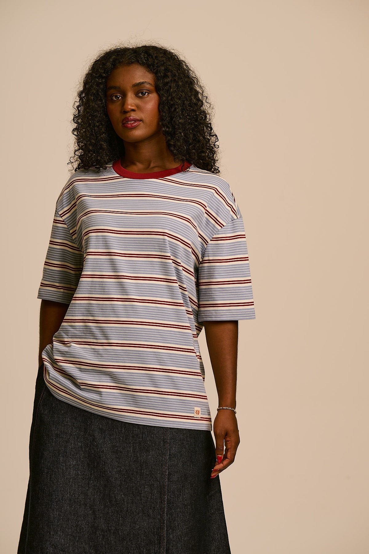 Benny - Oversized T-Shirt Organic Cotton in Blue, Maroon and Ecru Stripe