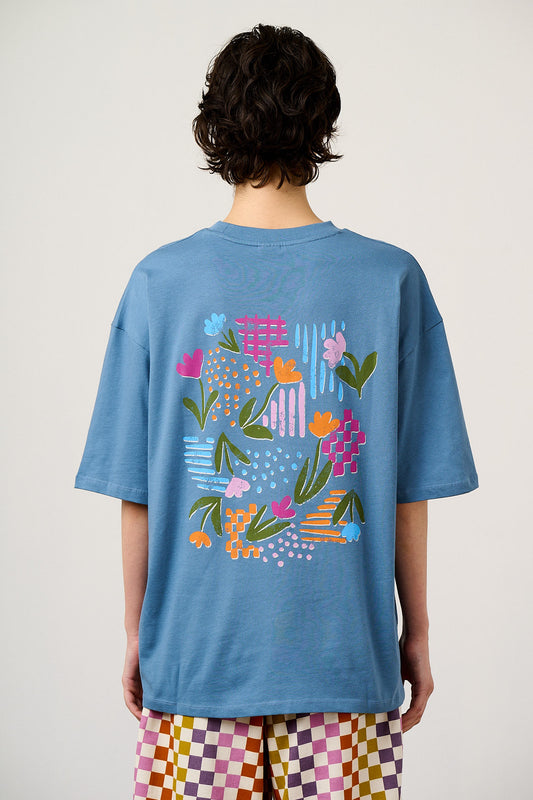 Benny - Oversized T-Shirt Organic Cotton in Blue Retro Picnic Graphic
