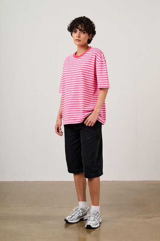 Benny - Oversized T-Shirt Organic Cotton in Pink & Red Stripe