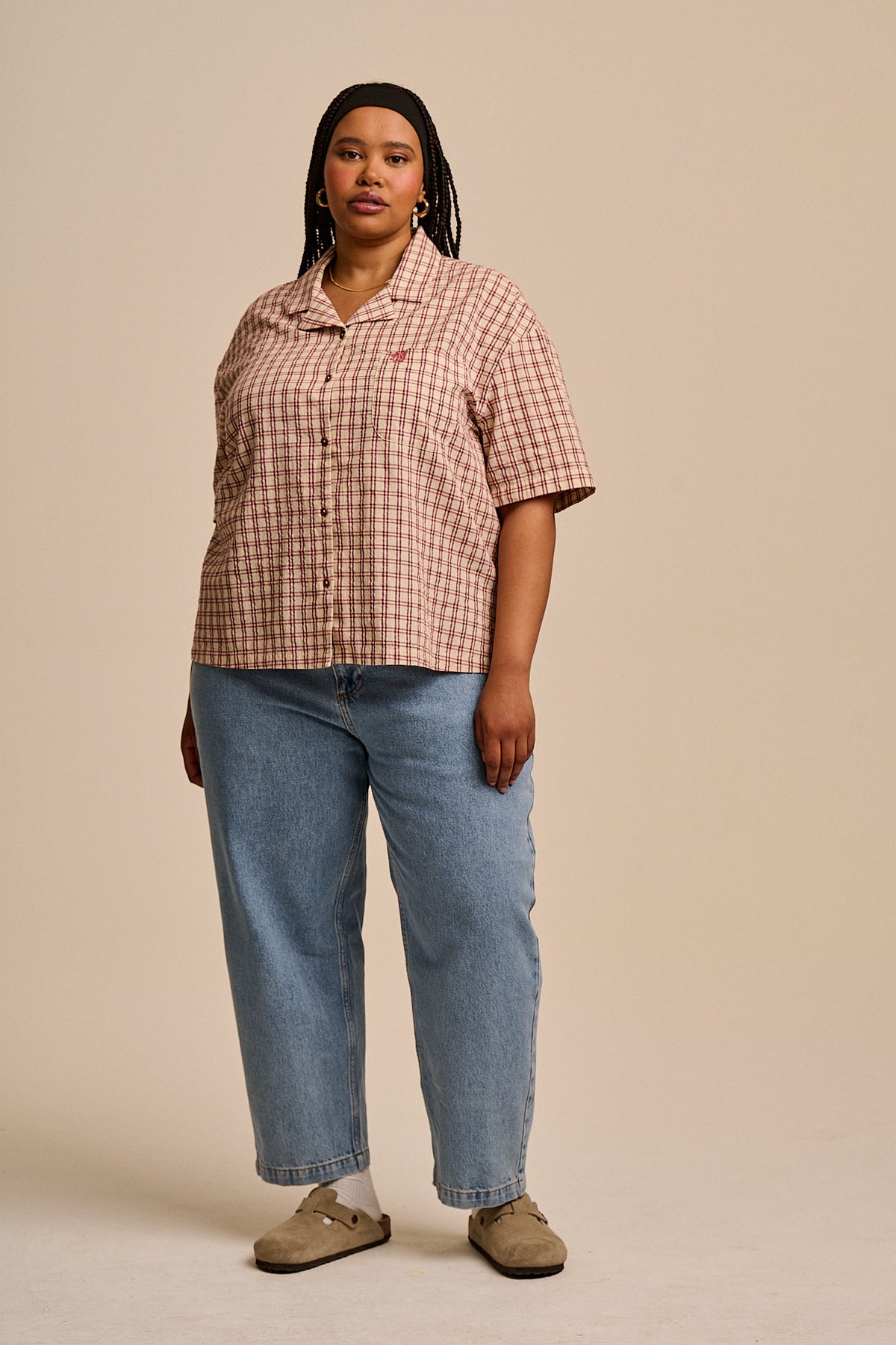 Cam - Shirt Organic Cotton Seersucker in Ecru Check