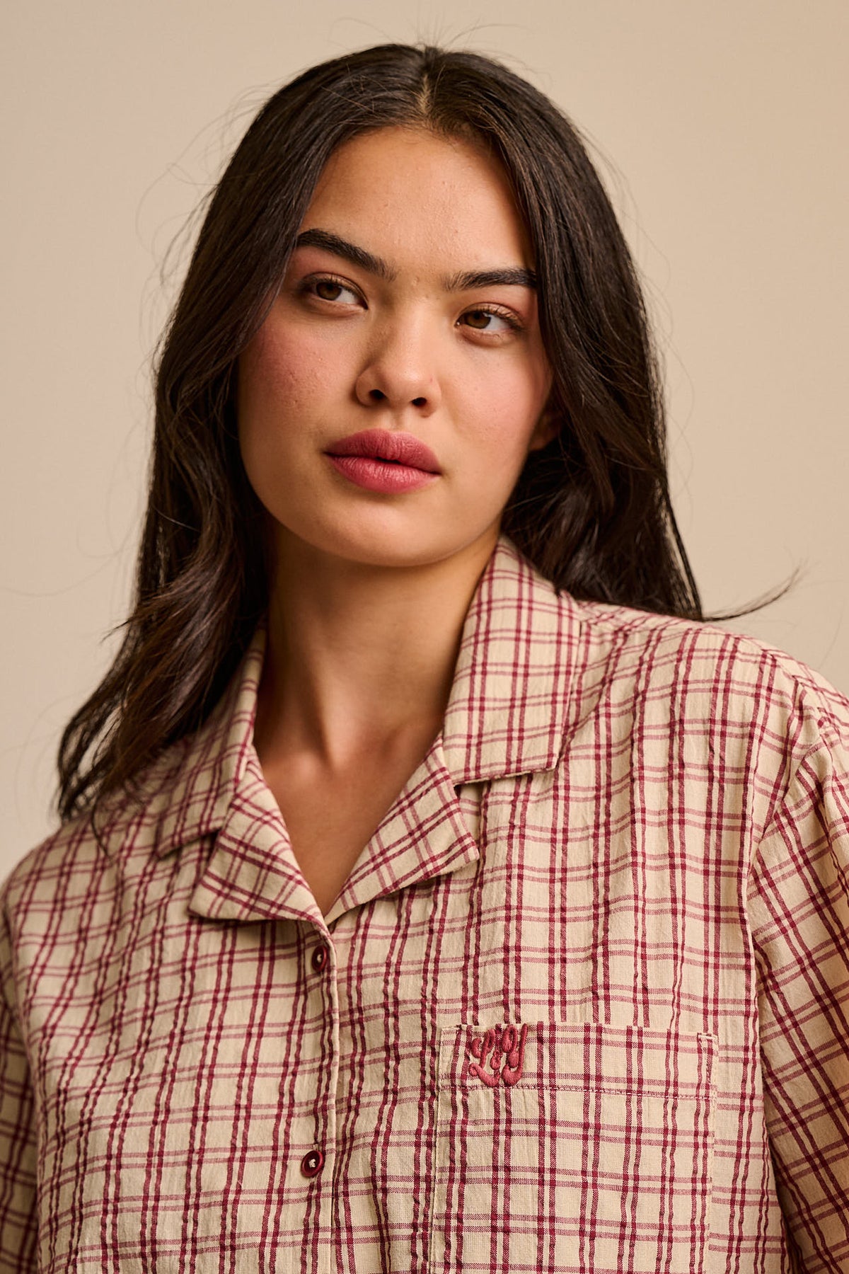 Cam - Shirt Organic Cotton Seersucker in Ecru Check