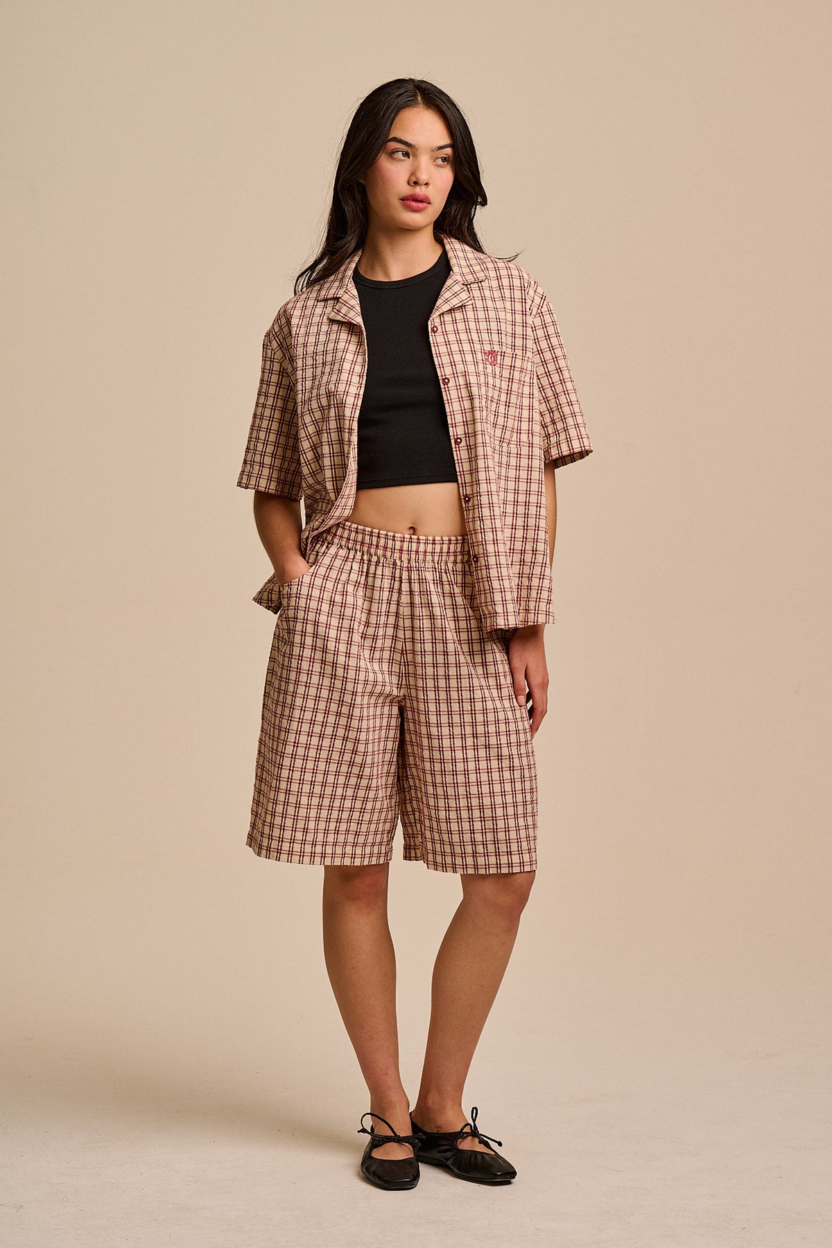 Cam - Shirt Organic Cotton Seersucker in Ecru Check