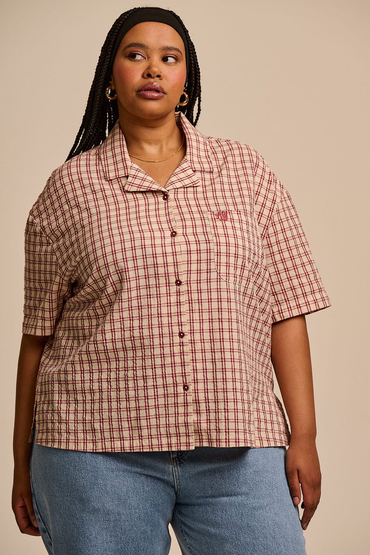 Cam - Shirt Organic Cotton Seersucker in Ecru Check