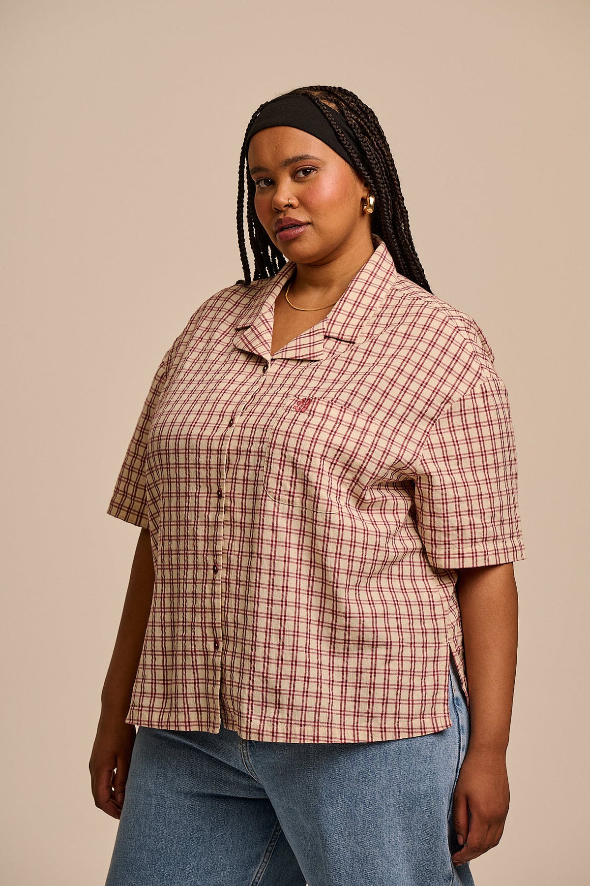 Cam - Shirt Organic Cotton Seersucker in Ecru Check