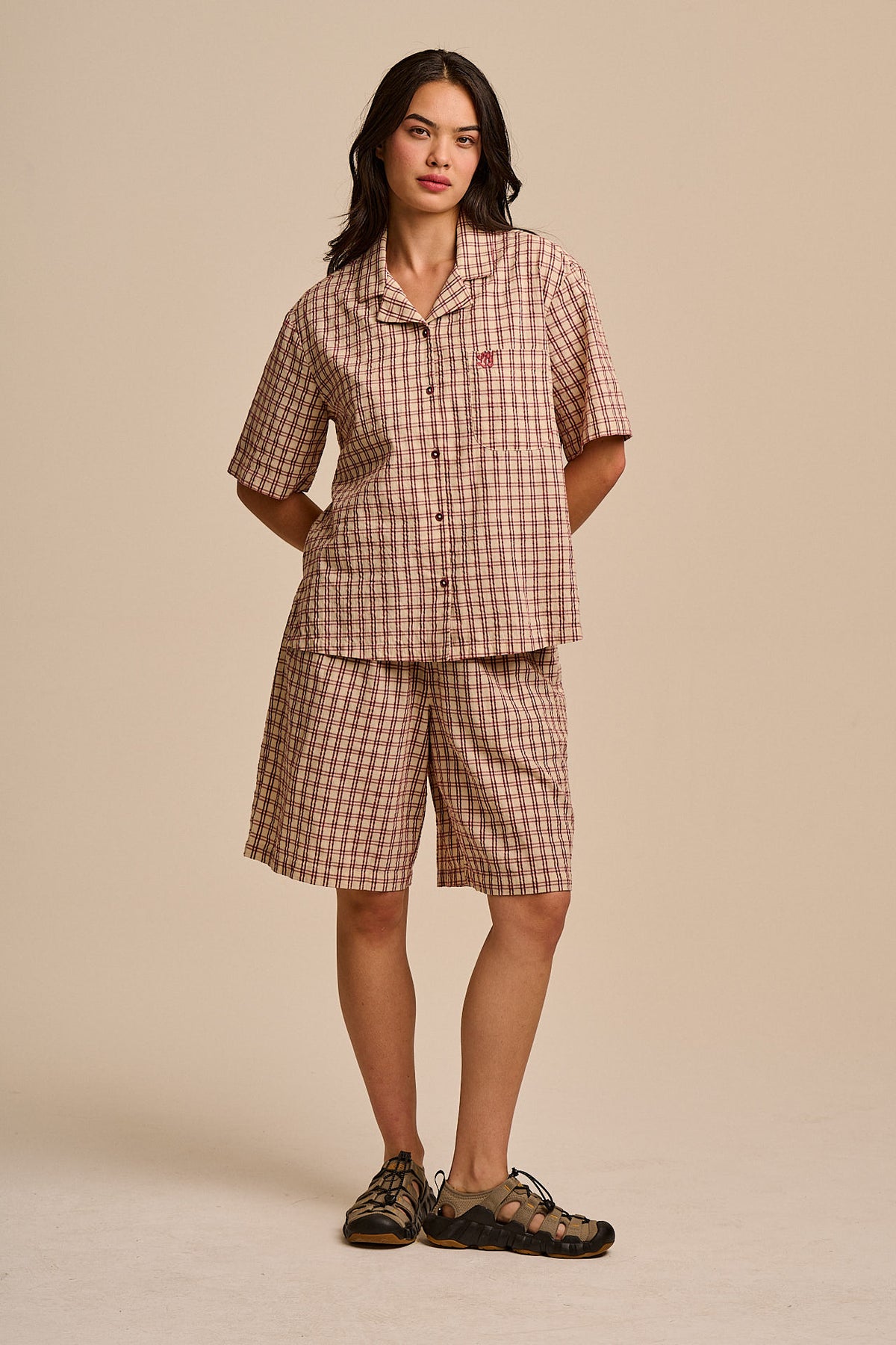 Cam - Shirt Organic Cotton Seersucker in Ecru Check