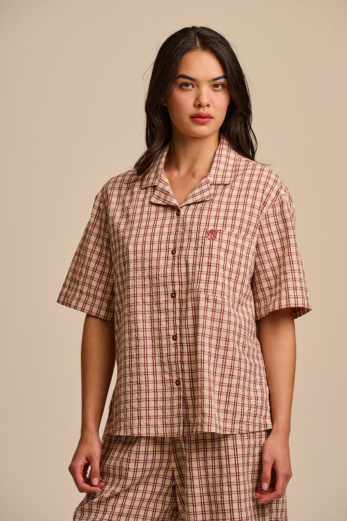 Cam - Shirt Organic Cotton Seersucker in Ecru Check