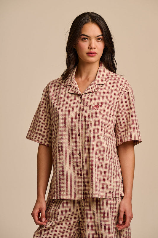 Cam - Shirt Organic Cotton Seersucker in Ecru Check