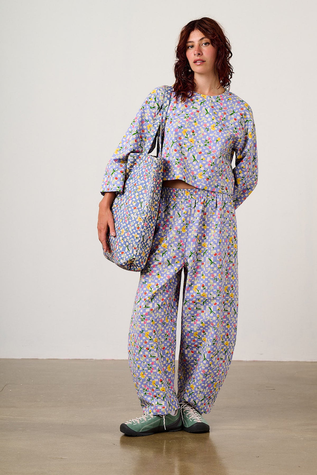 Catalina - Oversized Tote Organic Cotton in Ditsy Floral Checkerboard
