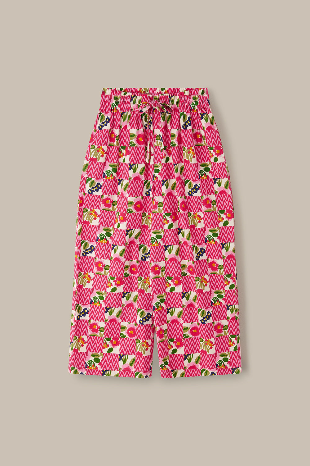 Chuck - Wide Leg Cotton Trousers in Zig Zag Floral Checkerboard