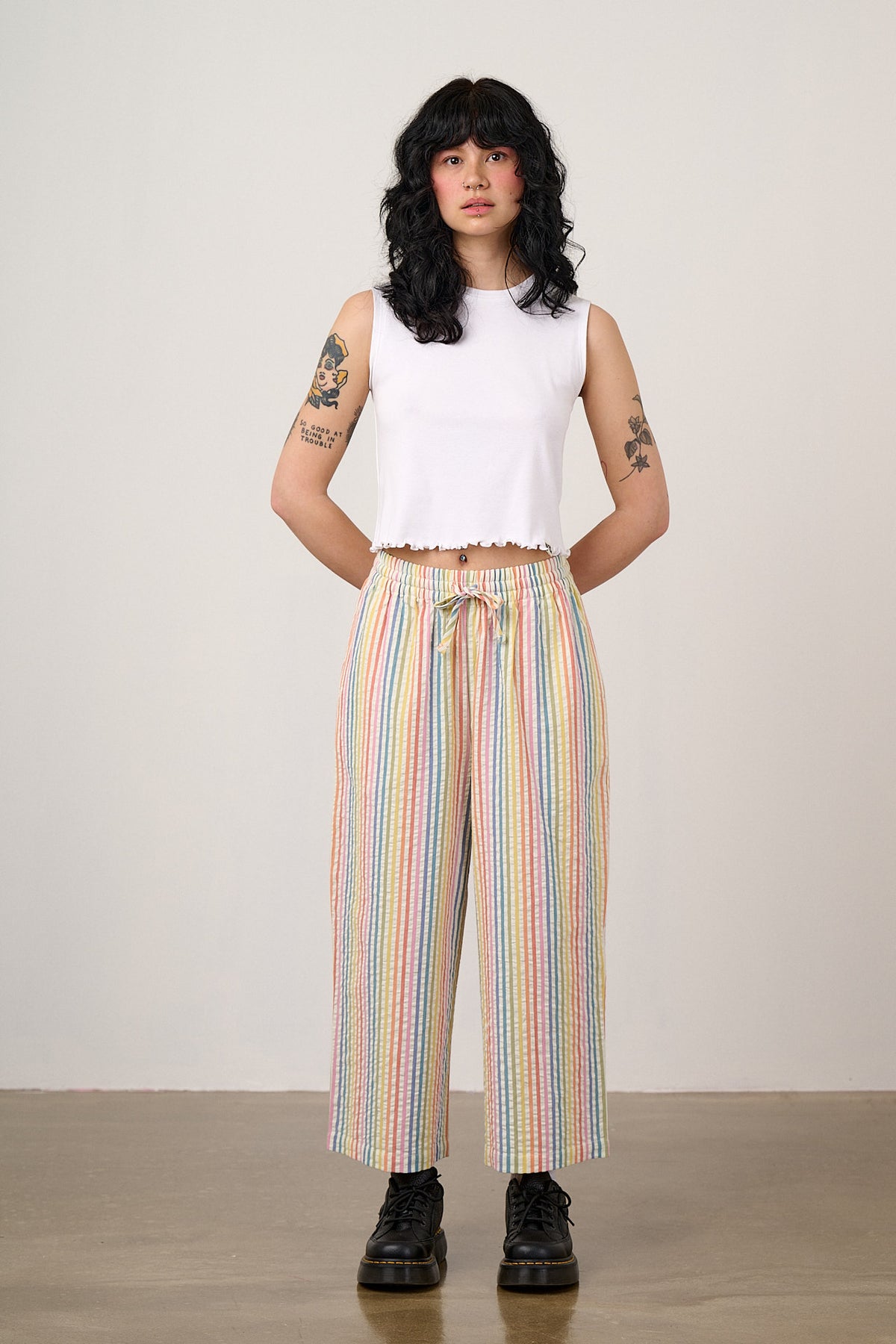 Chuck - Wide Leg Trousers Organic Cotton Seersucker in Vintage Rainbow Stripe