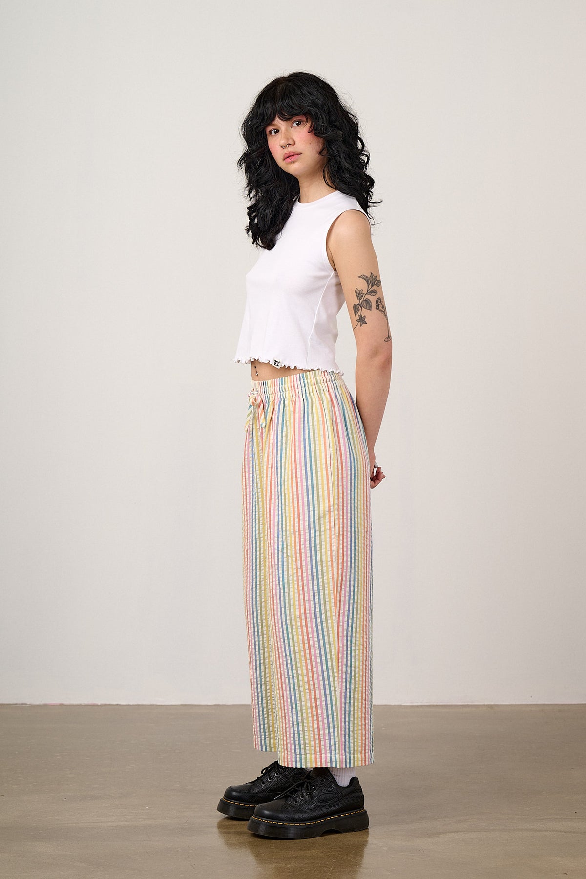 Chuck - Wide Leg Trousers Organic Cotton Seersucker in Vintage Rainbow Stripe