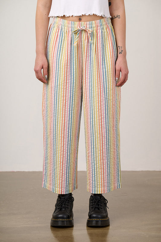 Chuck - Wide Leg Trousers Organic Cotton Seersucker in Vintage Rainbow Stripe