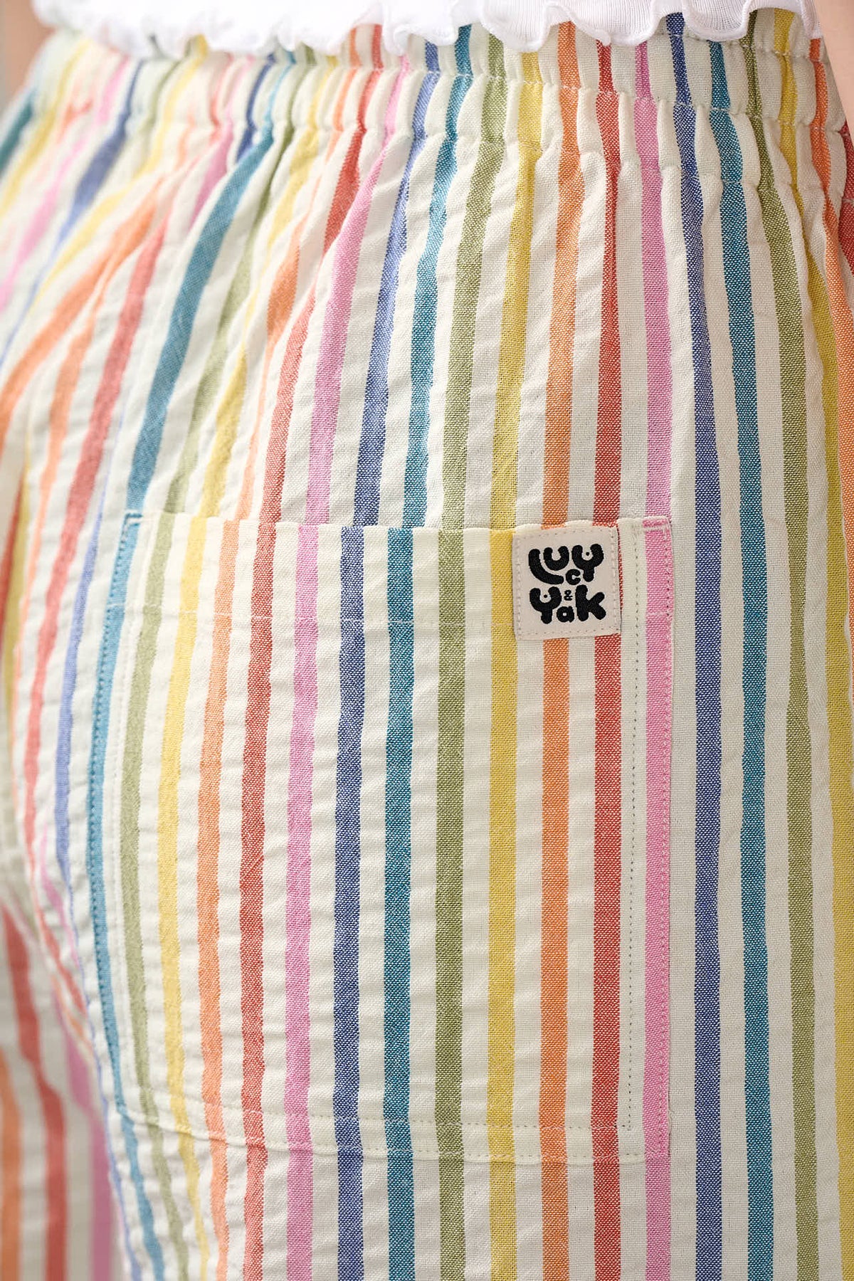 Chuck - Wide Leg Trousers Organic Cotton Seersucker in Vintage Rainbow Stripe