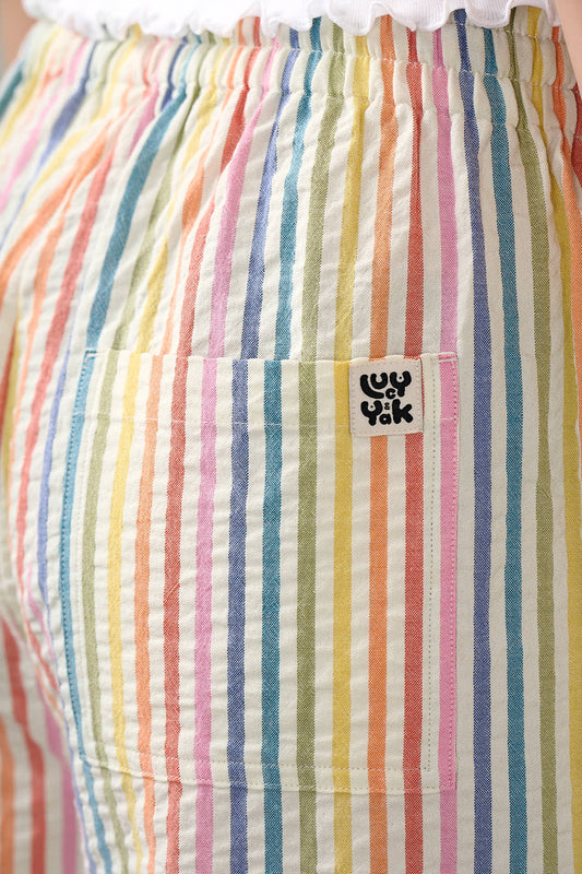 Chuck - Wide Leg Trousers Organic Cotton Seersucker in Vintage Rainbow Stripe