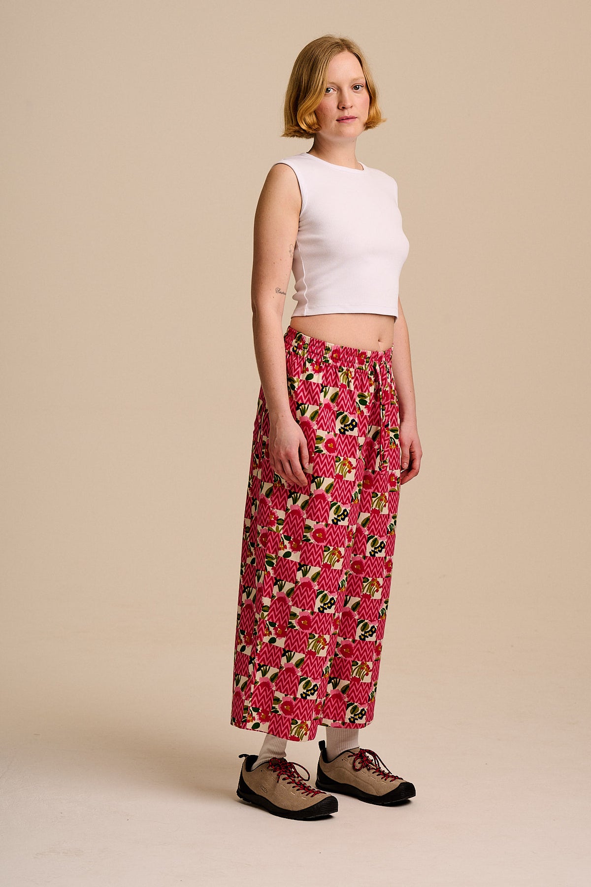 Chuck - Wide Leg Cotton Trousers in Zig Zag Floral Checkerboard